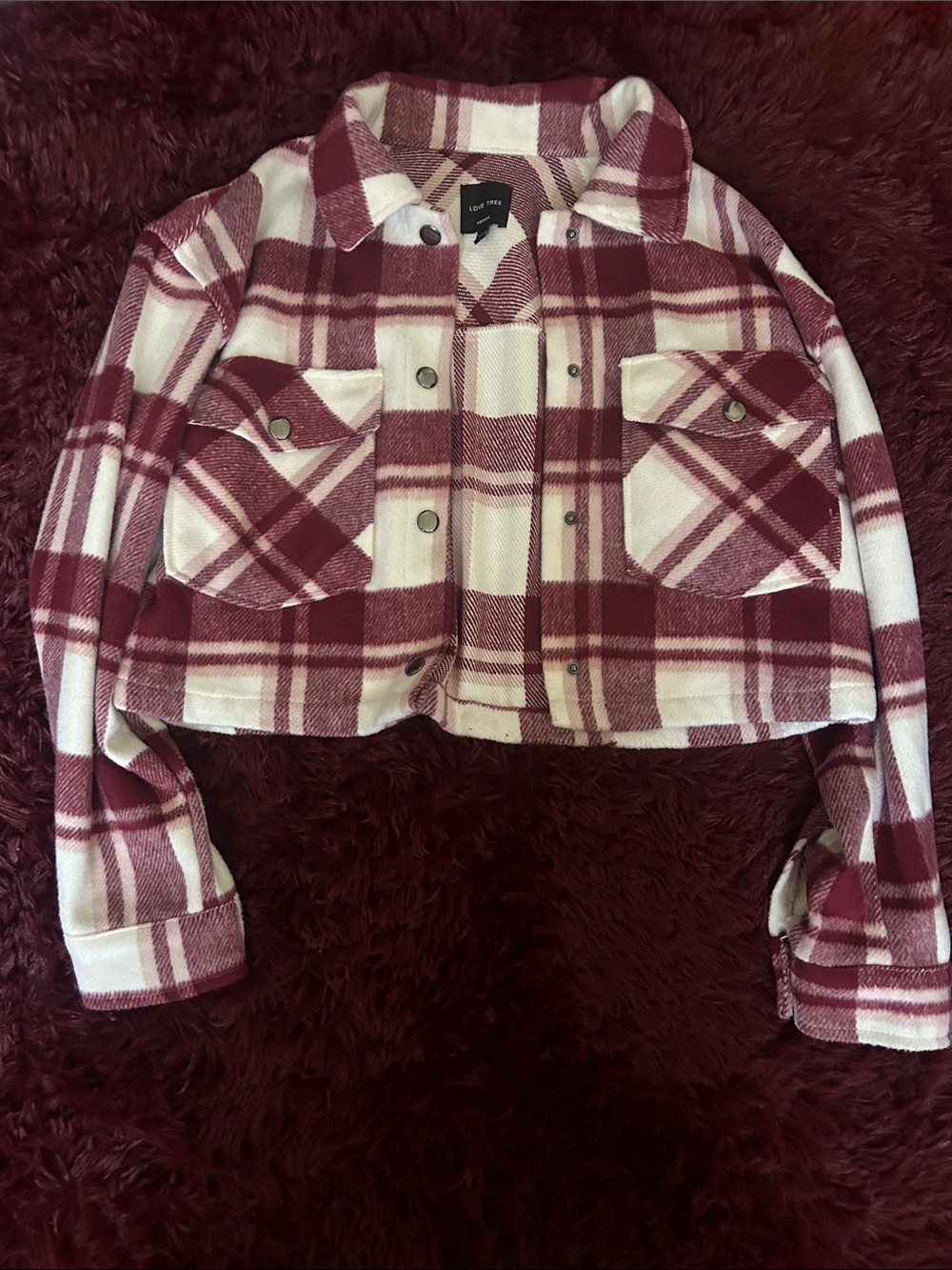 Love Tree Burgundy and White Plaid Cropped Shacket